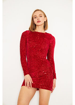 Kadife Pul Payet Elbise 