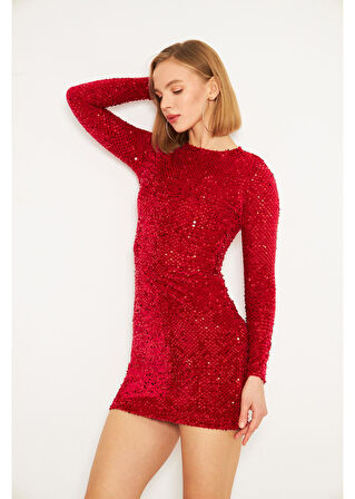 Kadife Pul Payet Elbise 