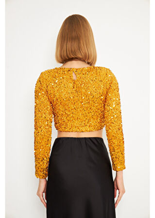 Uzun Kollu Payetli Hardal Crop Bluz 