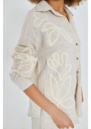 Nakışlı Keten Görünümlü Müslin Gömlek 