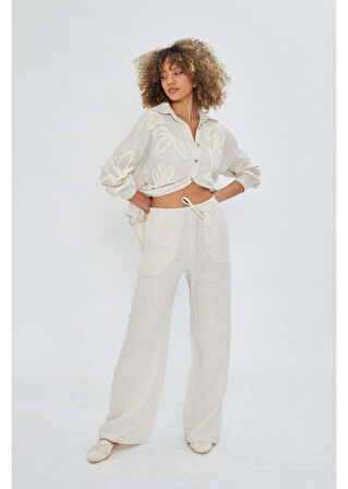 Nakışlı Keten Görünümlü Müslin Gömlek 