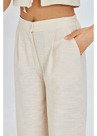 Yandan Cepli Arkası Lastikli Keten Görünümlü Pantolon 