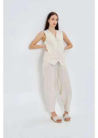 Lastikli Ketenli Müslin Pantolon 