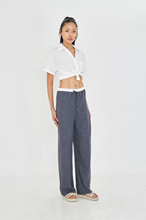 Beli Garnili Bağcıklı Keten Görünümlü Pantolon 