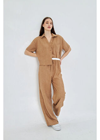 Beli Garnili Bağcıklı Keten Görünümlü Pantolon 