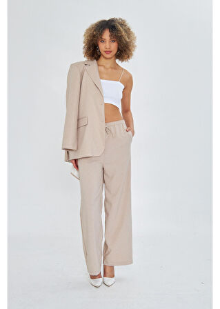 Beli Lastikli Çizgili Poliviskon Pantolon 