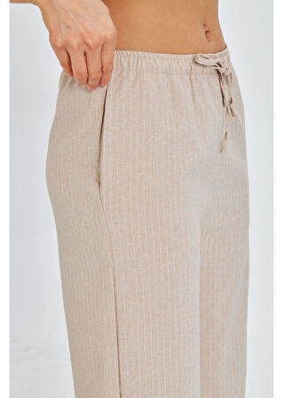 Beli Lastikli Çizgili Poliviskon Pantolon 