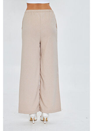 Beli Lastikli Çizgili Poliviskon Pantolon 