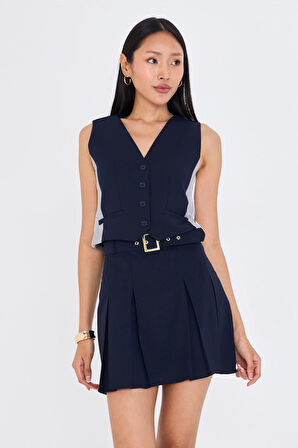 Pileli Kemerli Poliviskon Etek 