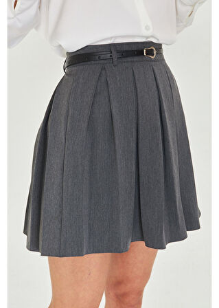 Deri Kemerli Pileli Kısa Etek 