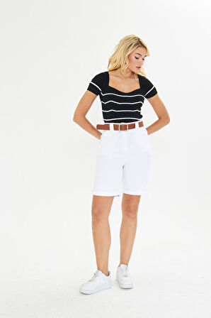 Duble Paça Kemerli Gabardin Şort 