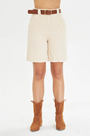 Duble Paça Kemerli Gabardin Şort 