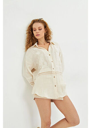 Nakışlı Dantel Detaylı Müslin Gömlek 