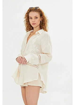 Nakışlı Dantel Detaylı Müslin Gömlek 