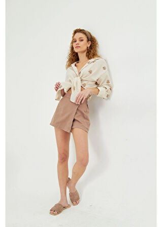 Çiçek Nakışlı Bambu Keten Görünümlü Gömlek 