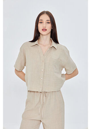 Önü Cepli Kısa Keten Görünümlü Gömlek 