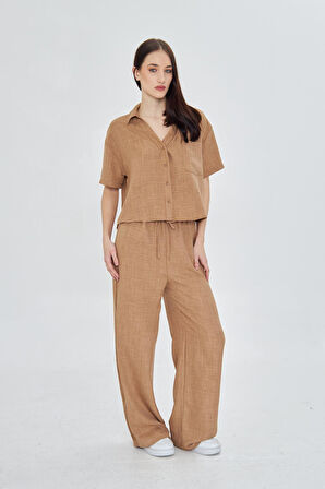 Önü Cepli Kısa Keten Görünümlü Gömlek 