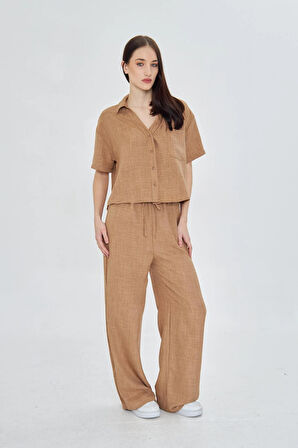 Önü Cepli Kısa Keten Görünümlü Gömlek 