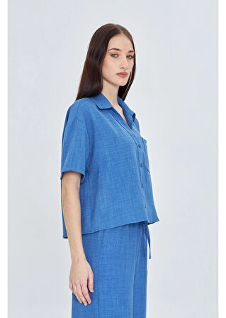 Önü Cepli Kısa Keten Görünümlü Gömlek 