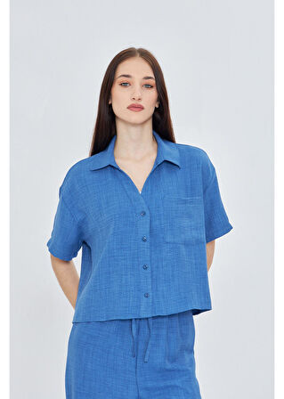 Önü Cepli Kısa Keten Görünümlü Gömlek 