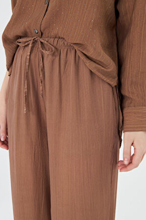 Beli Lastikli Çizgili Rayon Pantolon 