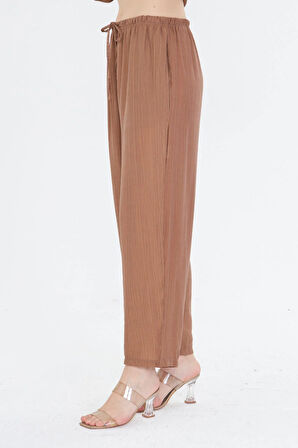 Beli Lastikli Çizgili Rayon Pantolon 