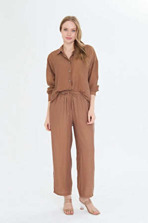 Beli Lastikli Çizgili Rayon Pantolon 