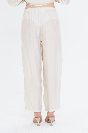 Beli Lastikli Çizgili Rayon Pantolon 
