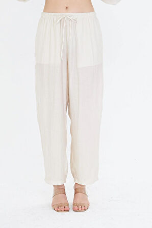 Beli Lastikli Çizgili Rayon Pantolon 