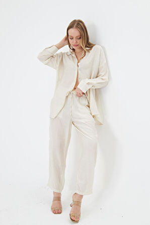 Beli Lastikli Çizgili Rayon Pantolon 