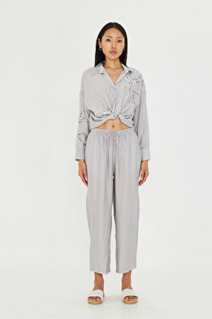 Beli Lastikli Çizgili Rayon Pantolon