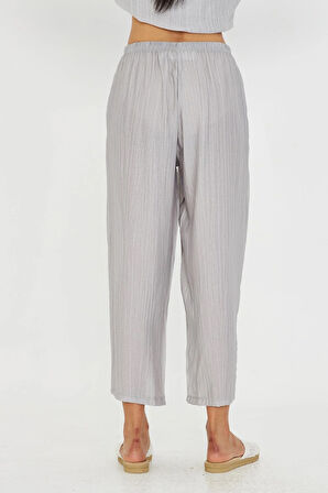 Beli Lastikli Çizgili Rayon Pantolon