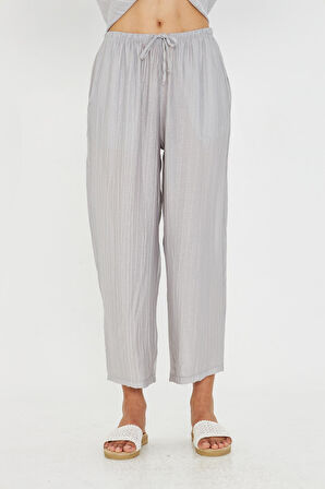 Beli Lastikli Çizgili Rayon Pantolon