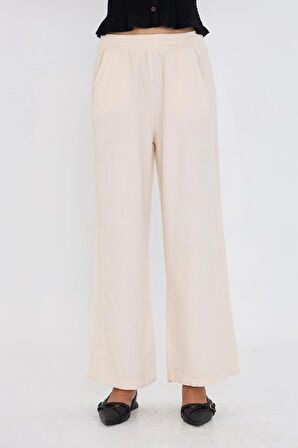 Şeritli Bol Paça Pantolon - Ekru