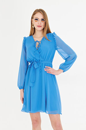 Omuzları Fırfırlı Şifon Elbise 