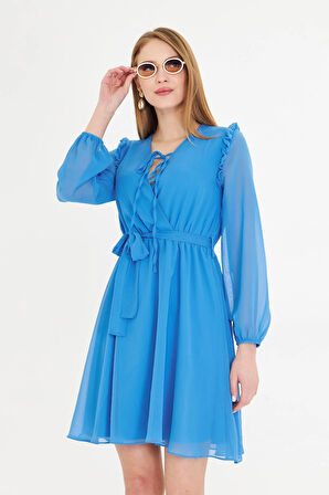 Omuzları Fırfırlı Şifon Elbise 