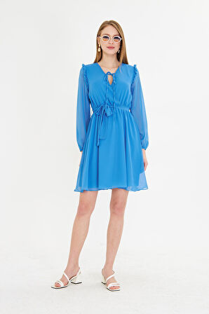 Omuzları Fırfırlı Şifon Elbise 