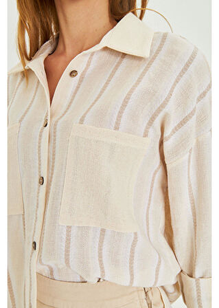 Çizgili Cepli Keten Görünümlü Gömlek 