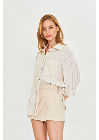 Çizgili Cepli Keten Görünümlü Gömlek 