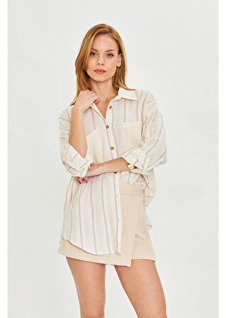 Çizgili Cepli Keten Görünümlü Gömlek 