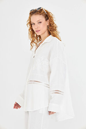 Çiçek Nakışlı Müslin Gömlek 