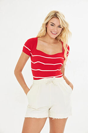 Geniş Yaka Çizgili Body 