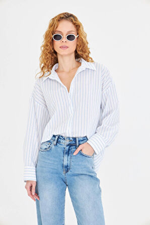 Çizgili Taşlı Poplin Gömlek 