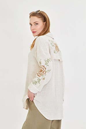 Çiçek Nakışlı Keten Görünümlü Gömlek 