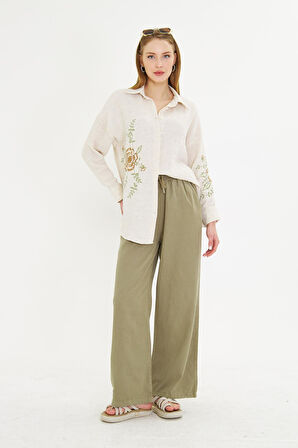 Çiçek Nakışlı Keten Görünümlü Gömlek 