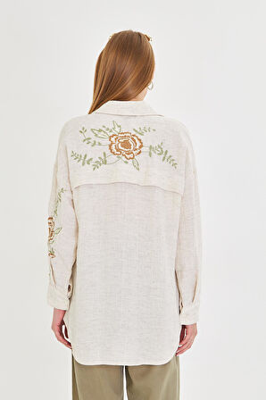 Çiçek Nakışlı Keten Görünümlü Gömlek 