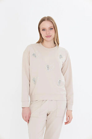 Kalpli Taş Baskılı Sweatshirt 