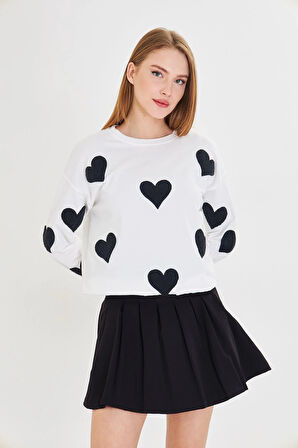 Havlu Kalp Baskılı İki İplik Sweatshirt 