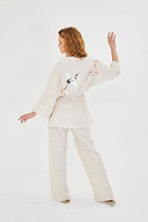 Kuş Nakışlı Keten Görünümlü Kimono 