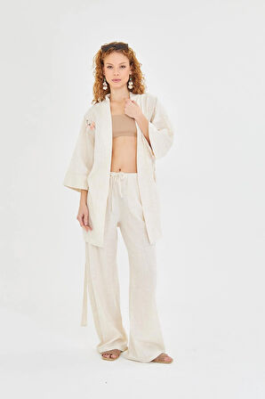 Kuş Nakışlı Keten Görünümlü Kimono 